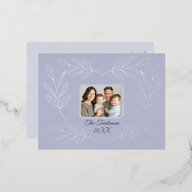 Christmas Leaves Family Photo Personalised Script Foil Holiday Postcard (Front/Back)