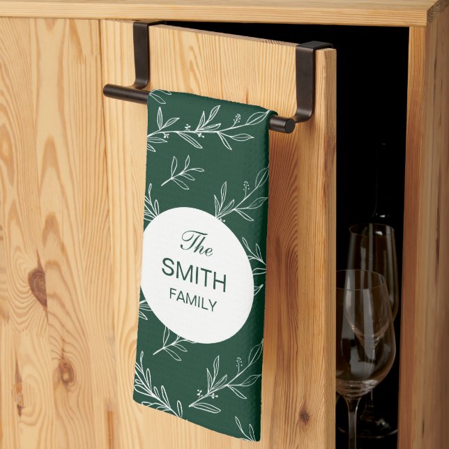 Christmas Leaves Green Pattern Custom Family Name Tea Towel (Thirds Fold)