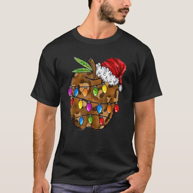 Christmas Leopard Apple Santa Hat Christmas Teache T-Shirt (Front)