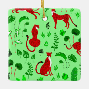 christmas leopard cheetah monstera plant ceramic ornament