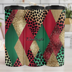 Christmas Leopard Glitter Patchwork Design Thermal Tumbler