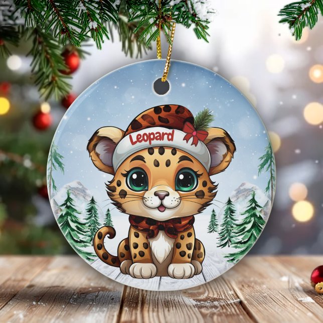 Christmas Leopard Spots Kitty Cat Lovers 🐆🐈🐾 Ceramic Tree Decoration (Custom Name Leopard Christmas Ornament Customizable Cat Decoration Personalizable Kitty Decor 🐆🎄)