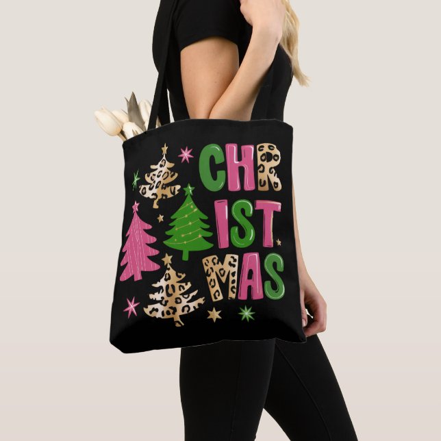 Christmas Leopard Tree Preppy Merry & Bright  Tote Bag (Close Up)