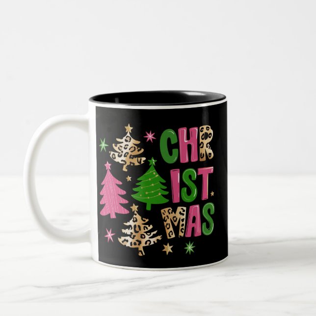 Christmas Leopard Tree Preppy Merry & Bright  Two-Tone Coffee Mug (Left)