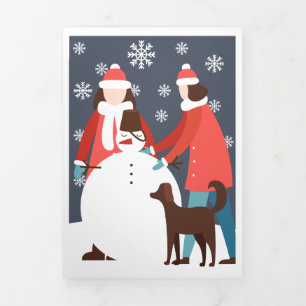 Christmas Lesbian Couple Dog Snowman Personalised Tri-Fold Holiday Card