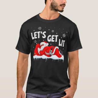 Christmas Let's Get Lit Santa Xmas Drinking Funny  T-Shirt