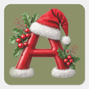 Christmas Letter A Decorated With Santa Hat Square Sticker