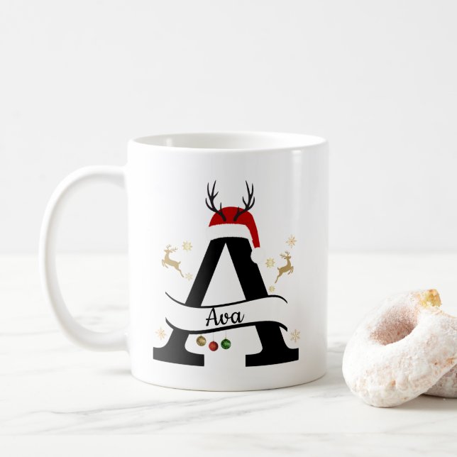 Christmas Letter A Initial – Festive Holiday Desig Coffee Mug (With Donut)