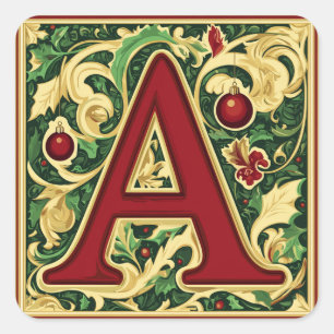 Christmas Letter A: Red and Green with Gold Accent Square Sticker