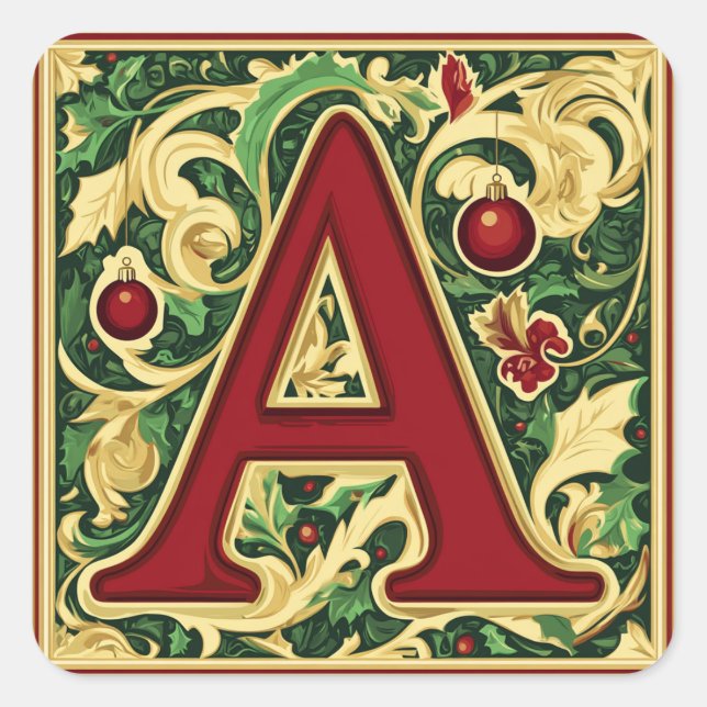 Christmas Letter A: Red and Green with Gold Accent Square Sticker (Front)