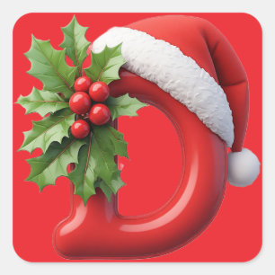 Christmas Letter D Decorated With Santa Hat Square Sticker