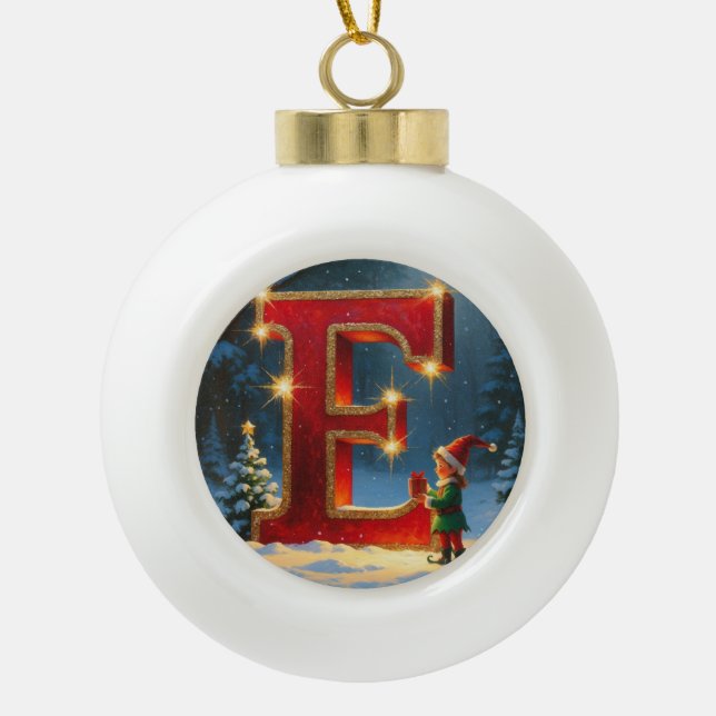 Christmas Letter E Ornament | Red Gold Monogram  (Front)