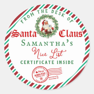 Christmas Letter from Santa Nice List Certificate Classic Round Sticker