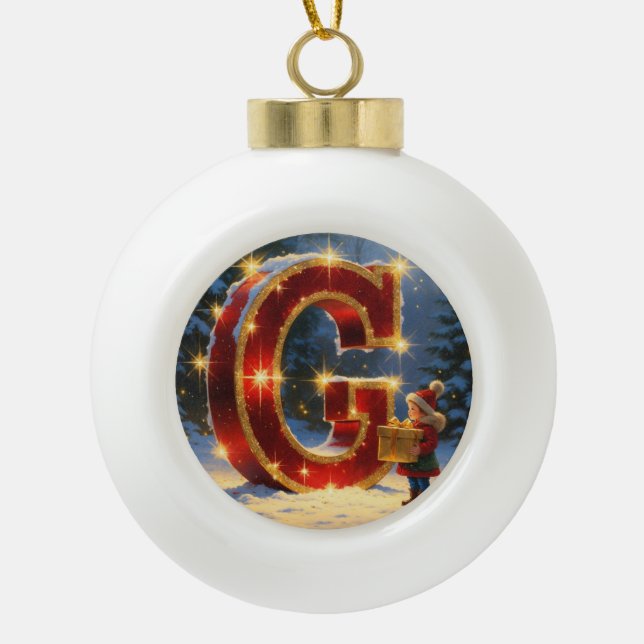 Christmas Letter G Ornament | Red Gold Monogram (Front)