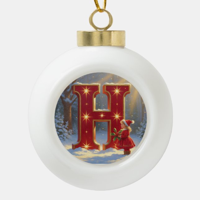 Christmas Letter H Ornament | Red Gold Monogram (Front)