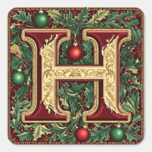 Christmas Letter H: Red, Green, Gold Festive Square Sticker