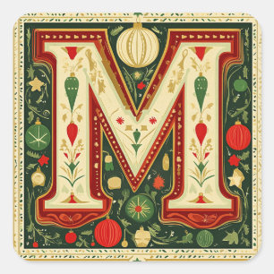 Christmas Letter M: Emerald Green & Gold Elegance Square Sticker