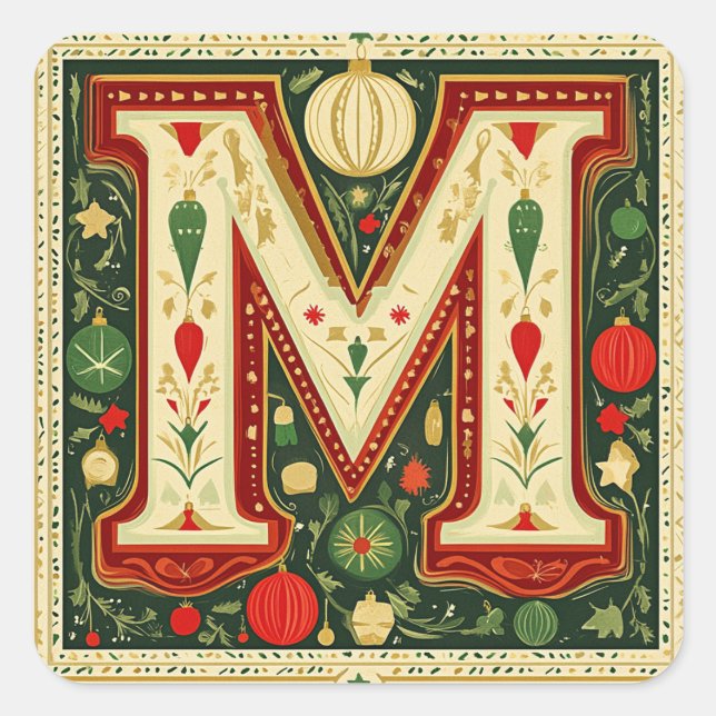 Christmas Letter M: Emerald Green & Gold Elegance Square Sticker (Front)