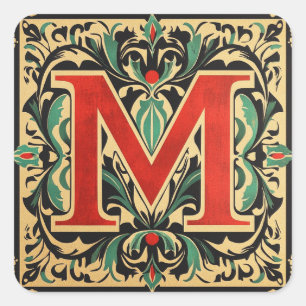 Christmas Letter M: Red and Green Festive Elegance Square Sticker
