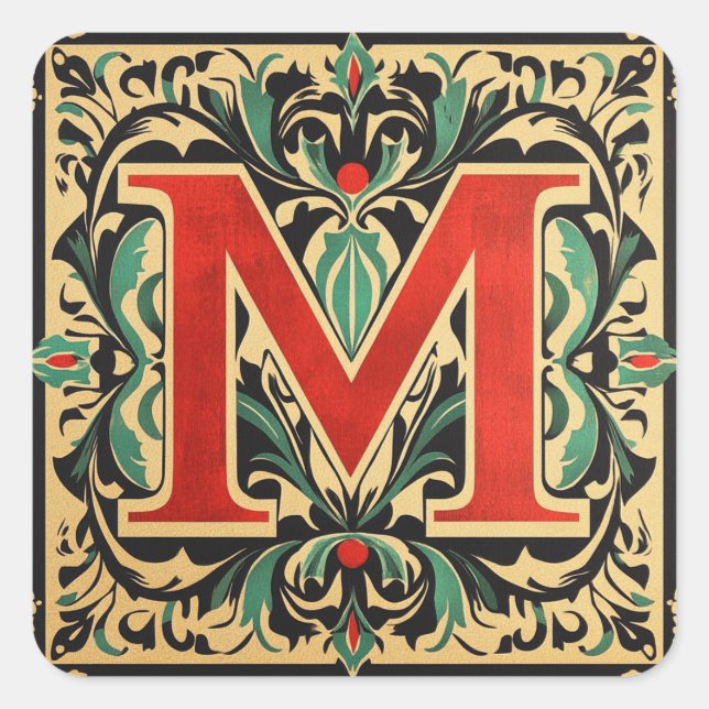 Christmas Letter M: Red and Green Festive Elegance Square Sticker (Front)