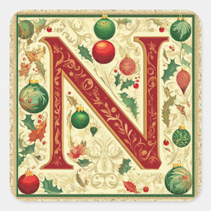 Christmas Letter N: Red, Green, Gold Festive  Square Sticker