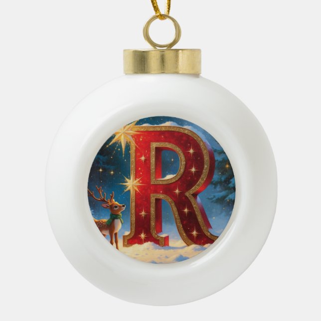 Christmas Letter R Ornament | Red Gold Monogram (Front)