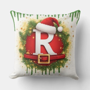 Christmas Letter R with Santa Hat Holiday Gift Cushion