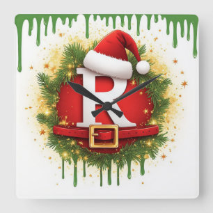 Christmas Letter R with Santa Hat Holiday Gift Square Wall Clock