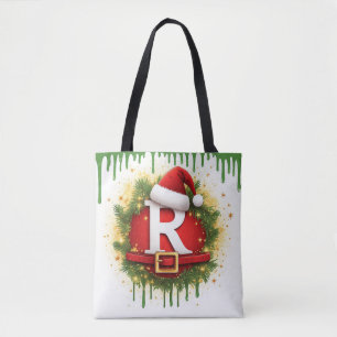 Christmas Letter R with Santa Hat Holiday Gift Tote Bag