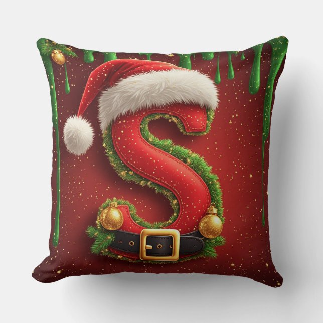 Christmas Letter S with Santa Hat Holiday Gift Cushion (Front)