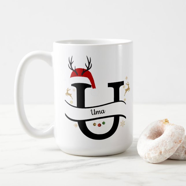 Christmas Letter U Alphabet  Coffee Mug (With Donut)