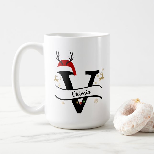 Christmas Letter V Alphabet  Coffee Mug (With Donut)
