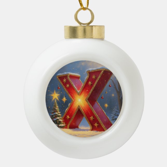 Christmas Letter X Ornament | Red Gold Monogram (Front)
