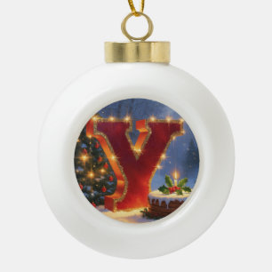 Christmas Letter Y Ornament   Red Gold Monogram