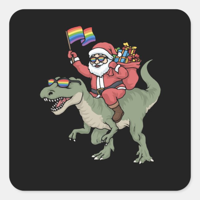 Christmas LGBT Santa Claus TRex Rainbow Gay Pride Square Sticker (Front)