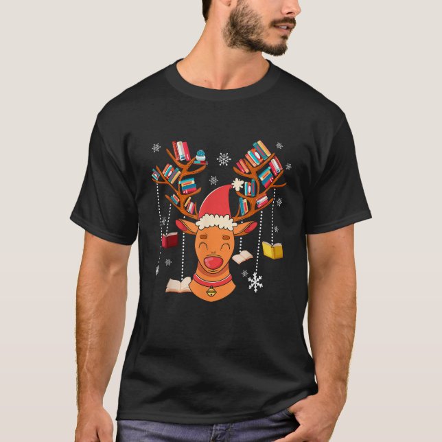 Christmas Librarian Reindeer Xmas Book Teachers Lo T-Shirt (Front)