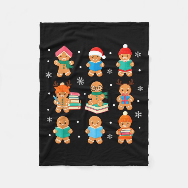 Christmas Library Gingerbread Man Books Lover Book Fleece Blanket (Front)