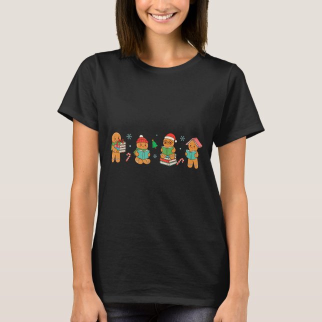 Christmas Library Gingerbread Man Books Lover Book T-Shirt (Front)