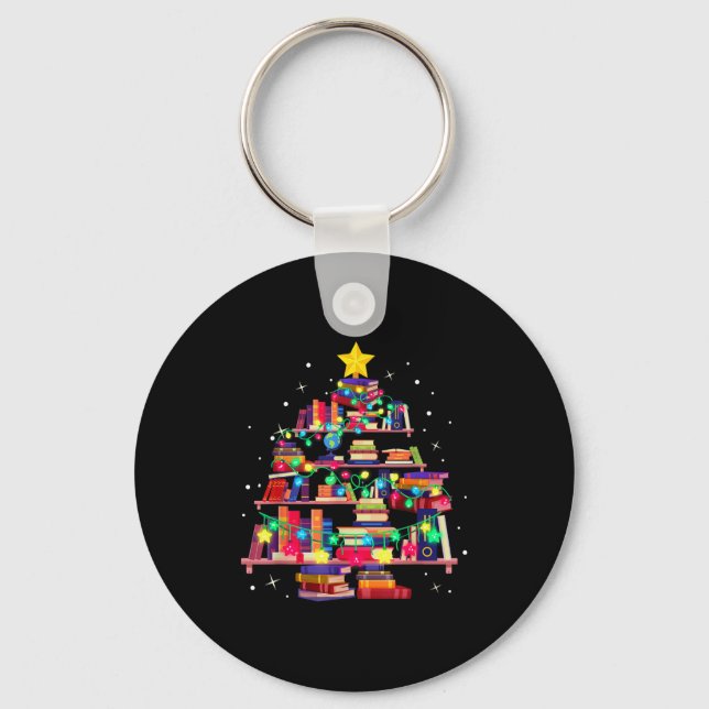 Christmas Library Tree Love Reading Books Nerd Tea Key Ring (Front)