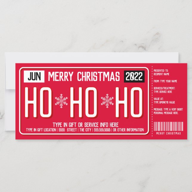 Christmas License Plate Gift Certificate (Front)