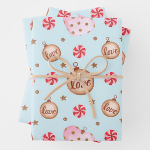 Christmas Light Blue Pink Heart Ornament with Love Wrapping Paper Sheet