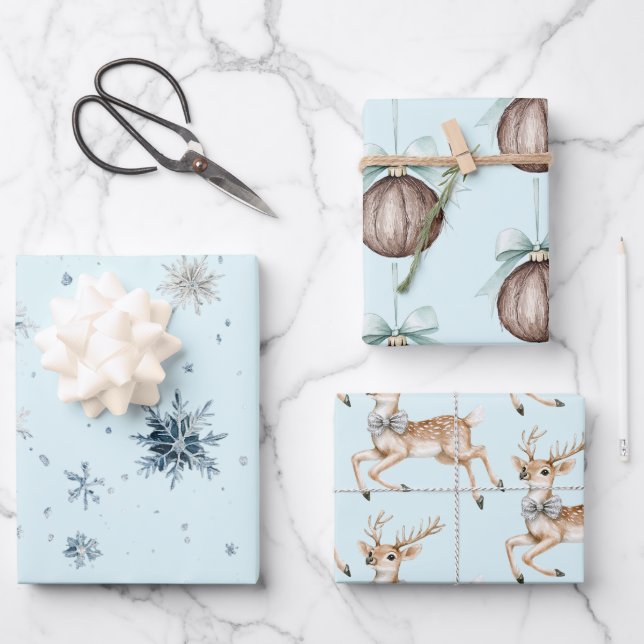 Christmas Light Blue Snowflakes Deer Coconut   Wrapping Paper Sheet (Front)