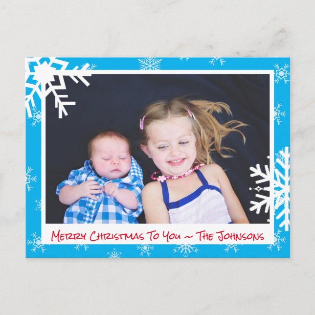 Christmas Light Blue Snowflakes Family Photo Card (Front)