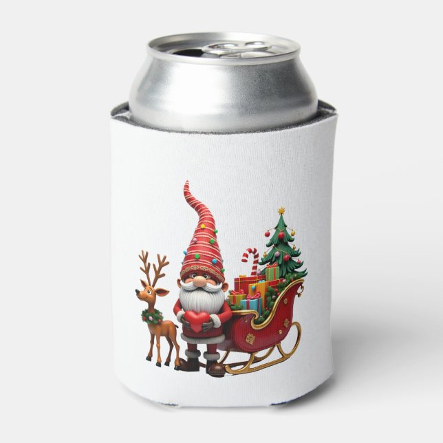Christmas Light Gnome Santa Claus Riding Sleigh Hi Can Cooler (Can Front)