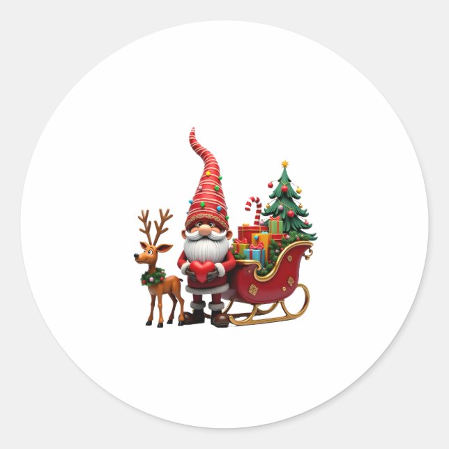 Christmas Light Gnome Santa Claus Riding Sleigh Hi Classic Round Sticker (Front)