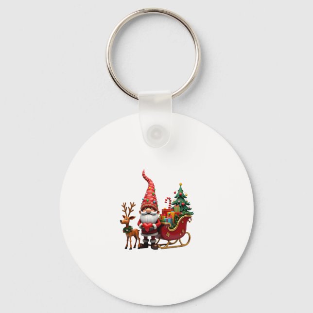 Christmas Light Gnome Santa Claus Riding Sleigh Hi Key Ring (Front)
