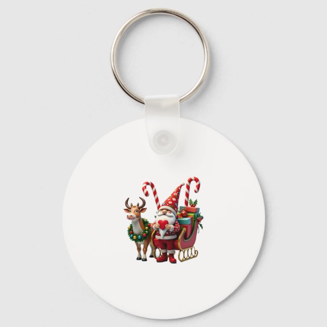 Christmas Light Gnome Santa Claus Riding Sleigh Hi Key Ring (Front)
