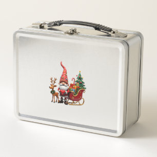 Christmas Light Gnome Santa Claus Riding Sleigh Hi Metal Lunch Box