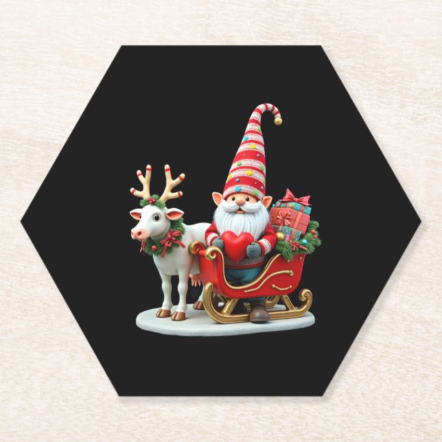 Christmas Light Gnome Santa Claus Riding Sleigh Hi Paper Coaster (Front)