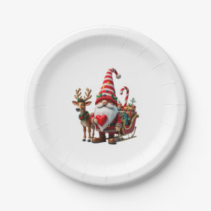 Christmas Light Gnome Santa Claus Riding Sleigh Hi Paper Plate
